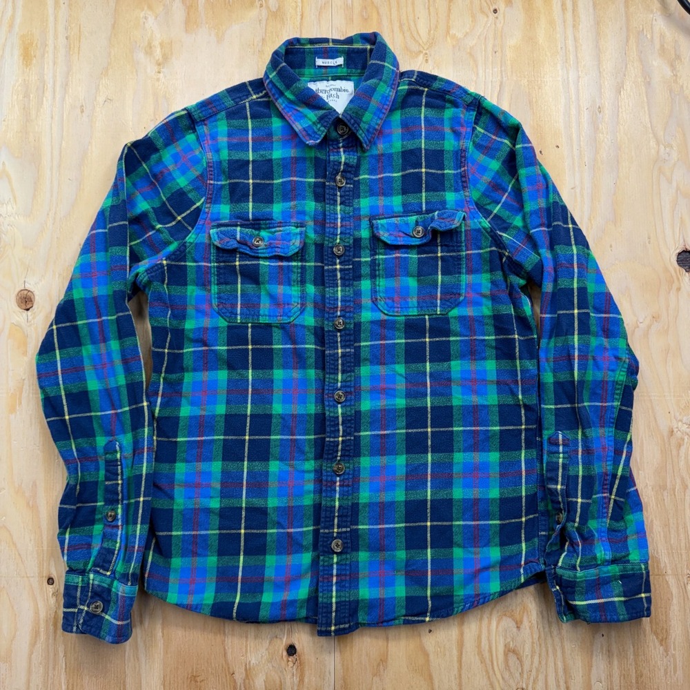 Abercrombie & Fitch Mens Flannel Shirt Medium Muscle Fit Blue Green Plaid Pocket